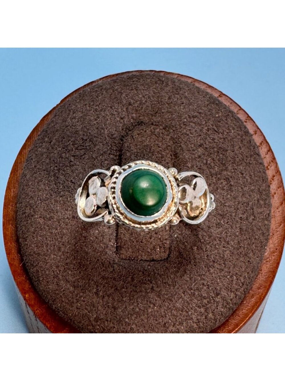 Malachite & Sterling Silver 925 Bezel Set Beaded Border Ring Size 5